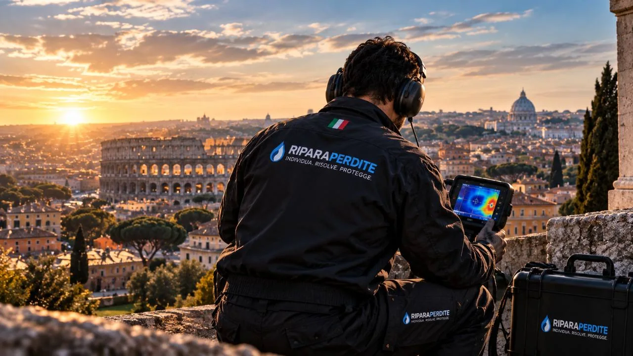 Tecnico con strumentazione per la ricerca perdite sullo sfondo di Roma